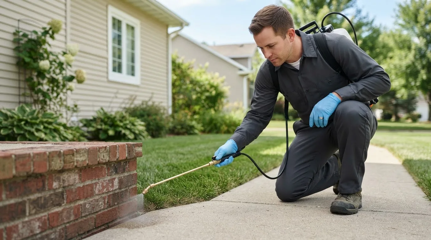 Pest control technician treating a home near Rice, MN