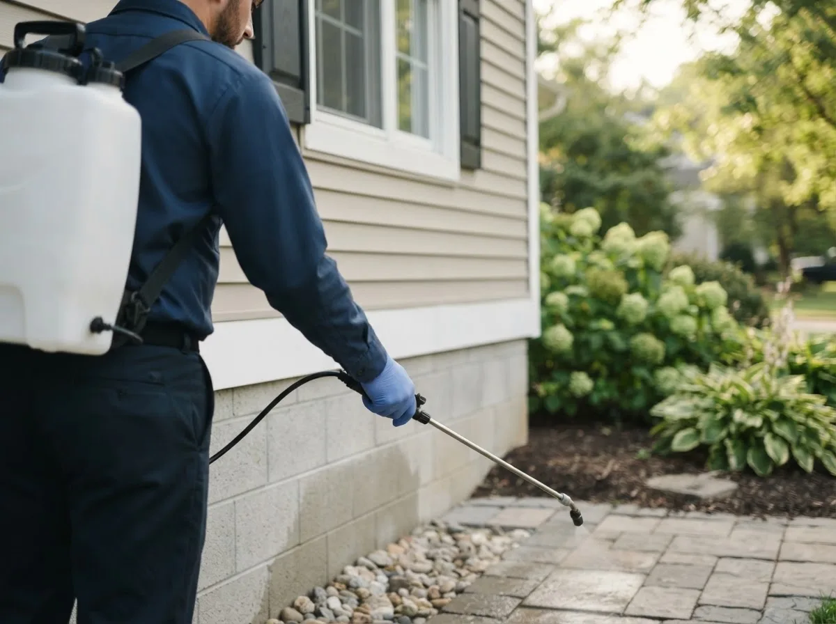 Pest control technician inspecting a home in Rice, MN